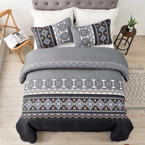 New Boho Aztec Black & Grey 3 PC Bedding 100% Polyester Quilt Set • KING Size - Picture 3 of 6